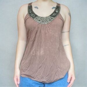 Queen Esther boho Y2K brown beaded scoop neckline tank top